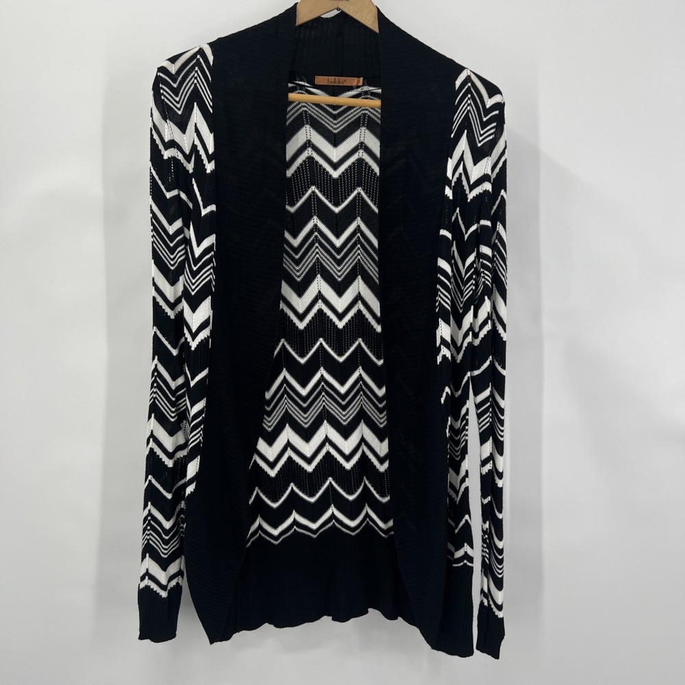 Black and White Open Front Geometric Art Deco Draped Cardigan Sweater Large
